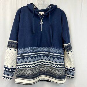 Como Vintage Womens Fleece Hoodie Blue White Fair Isle Long Sleeve 1/4 Zip M